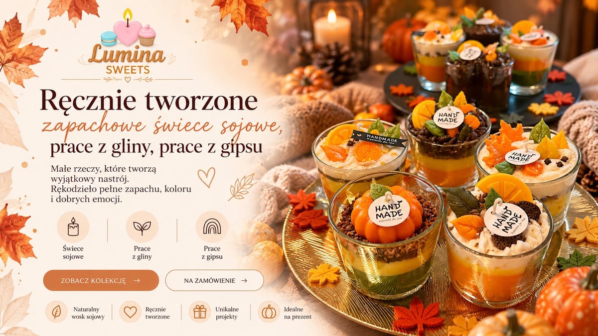 Jesienne deserowe świece LuminaSweets w słoikach z jesiennymi dekoracjami i ciepłym światłem