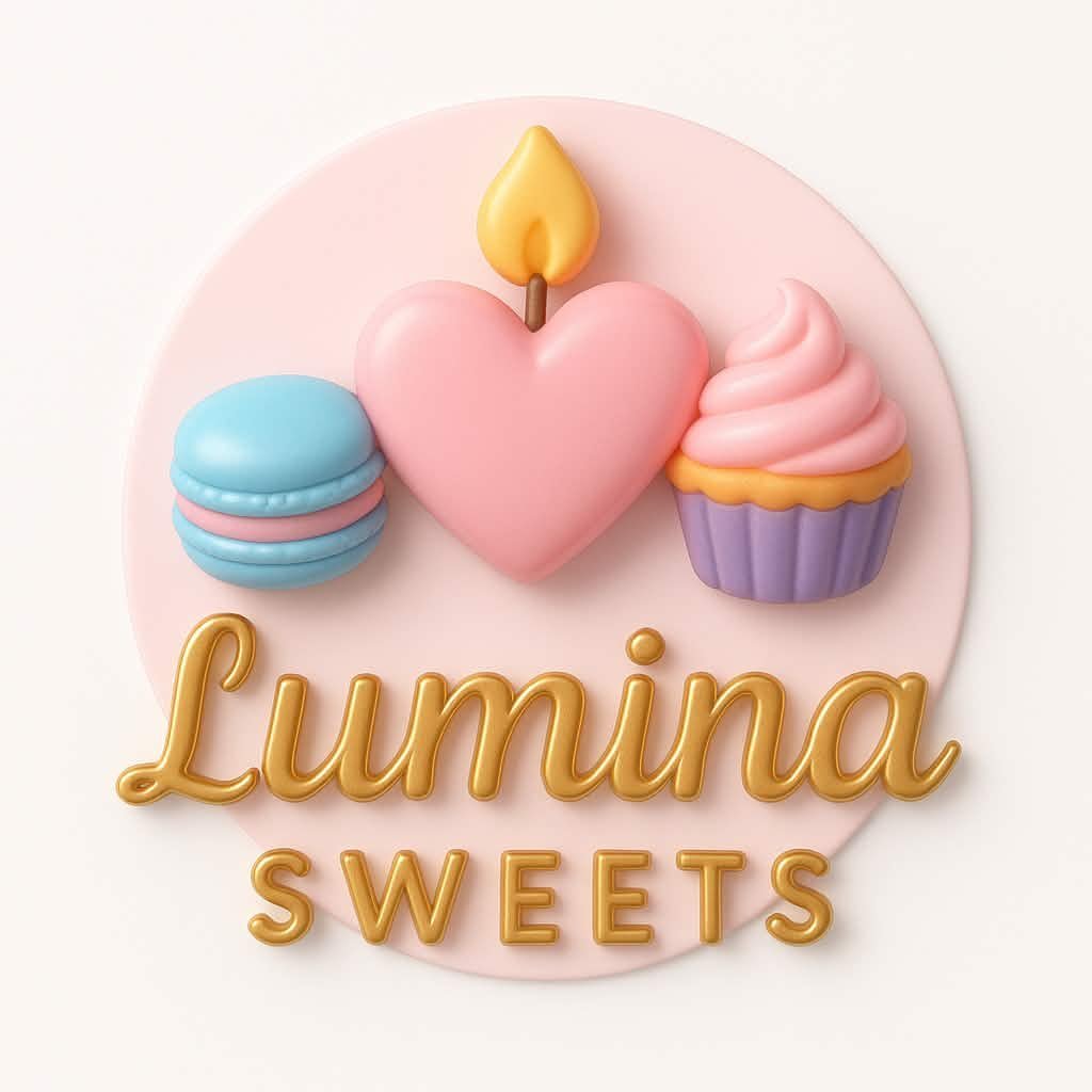 luminasweets — logo marki z różowym sercem, płomieniem, makaronikiem i babeczką